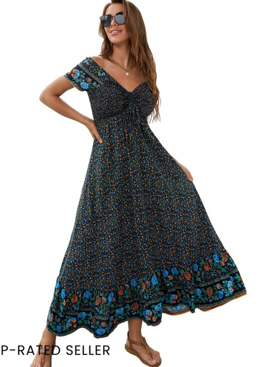 Dresses & Skirts - Boho Maxi Dress Flowy Tiered Smocked Bust Casual Summer Beach Party